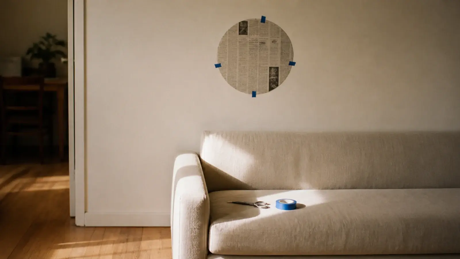 newspaper circle taped in position above a sofa in daylight