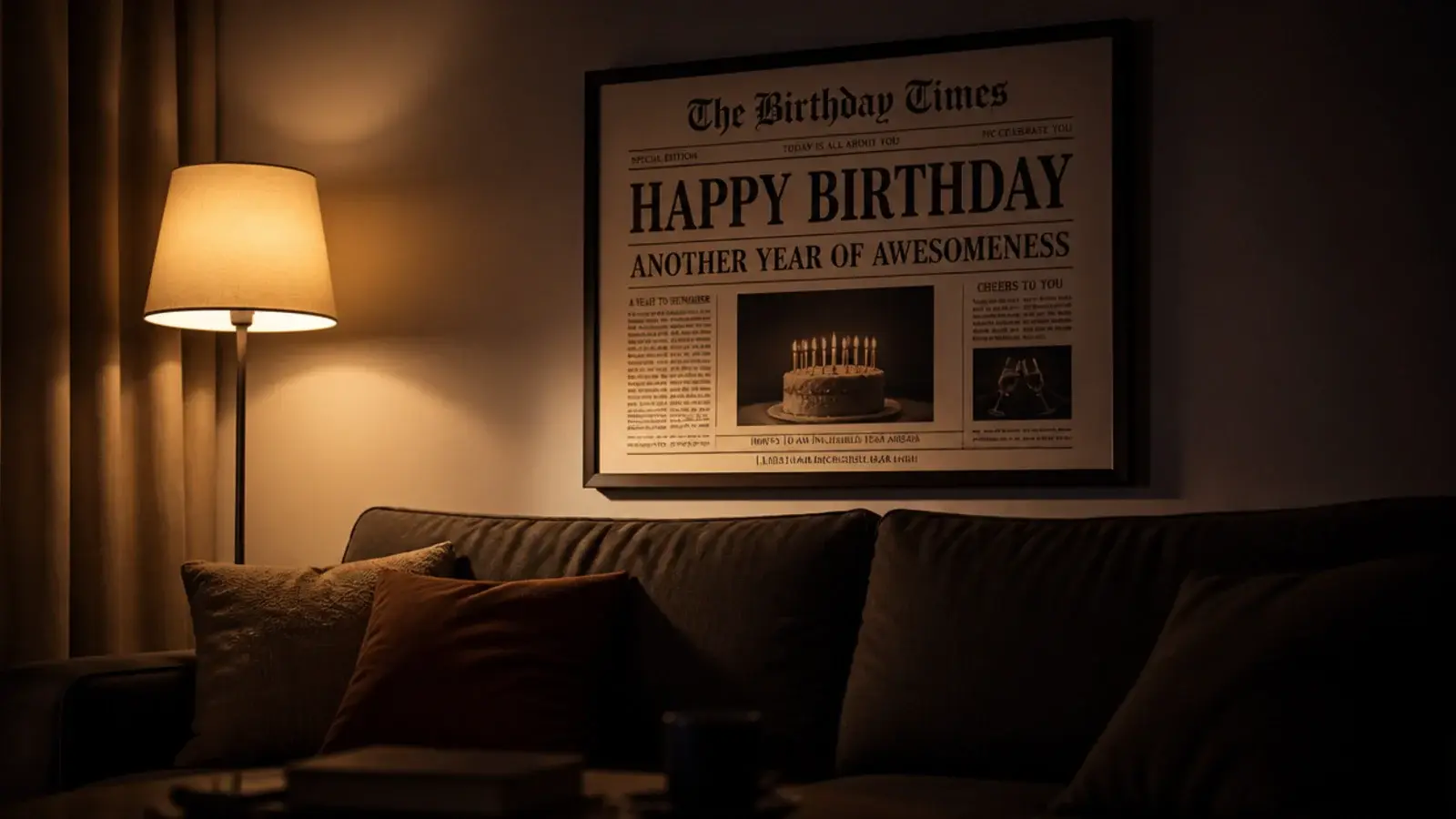 paper template on a sofa wall seen under warm evening lamplight
