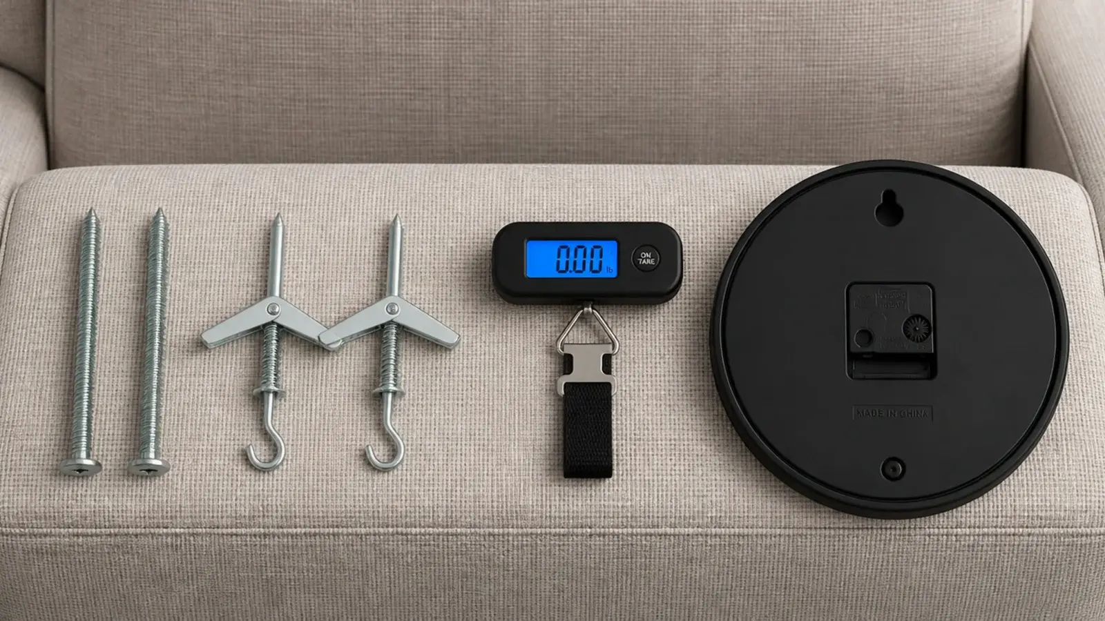 screws toggles and a luggage scale laid out on a sofa arm
