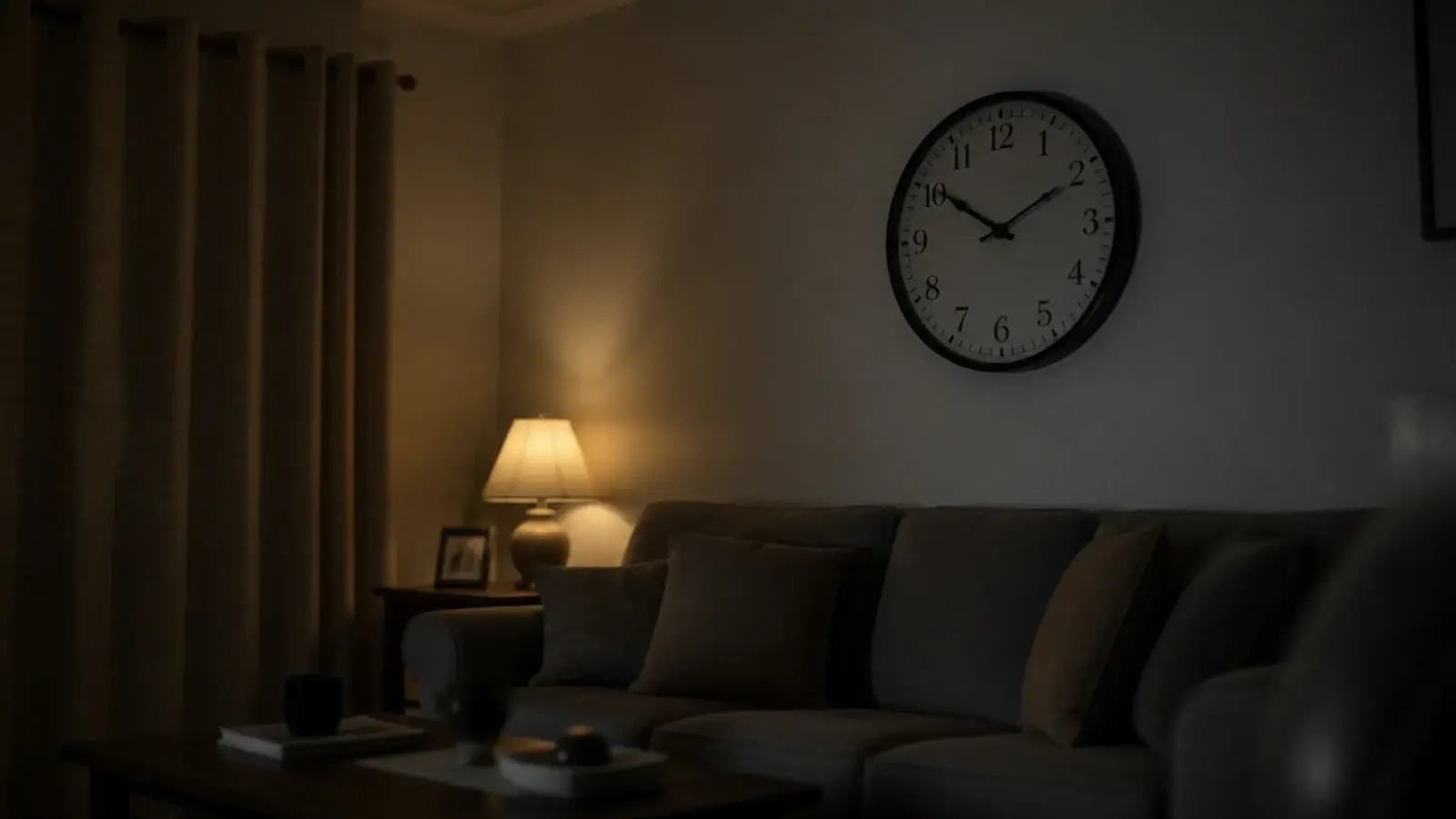 clock held against a sofa wall in a dark room at night