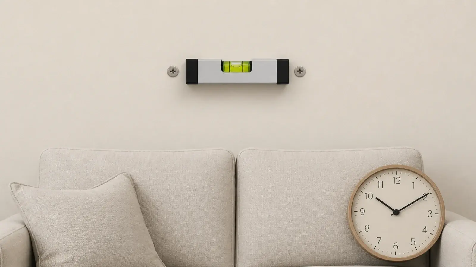 spirit level bridging two screws above a sofa back cushion