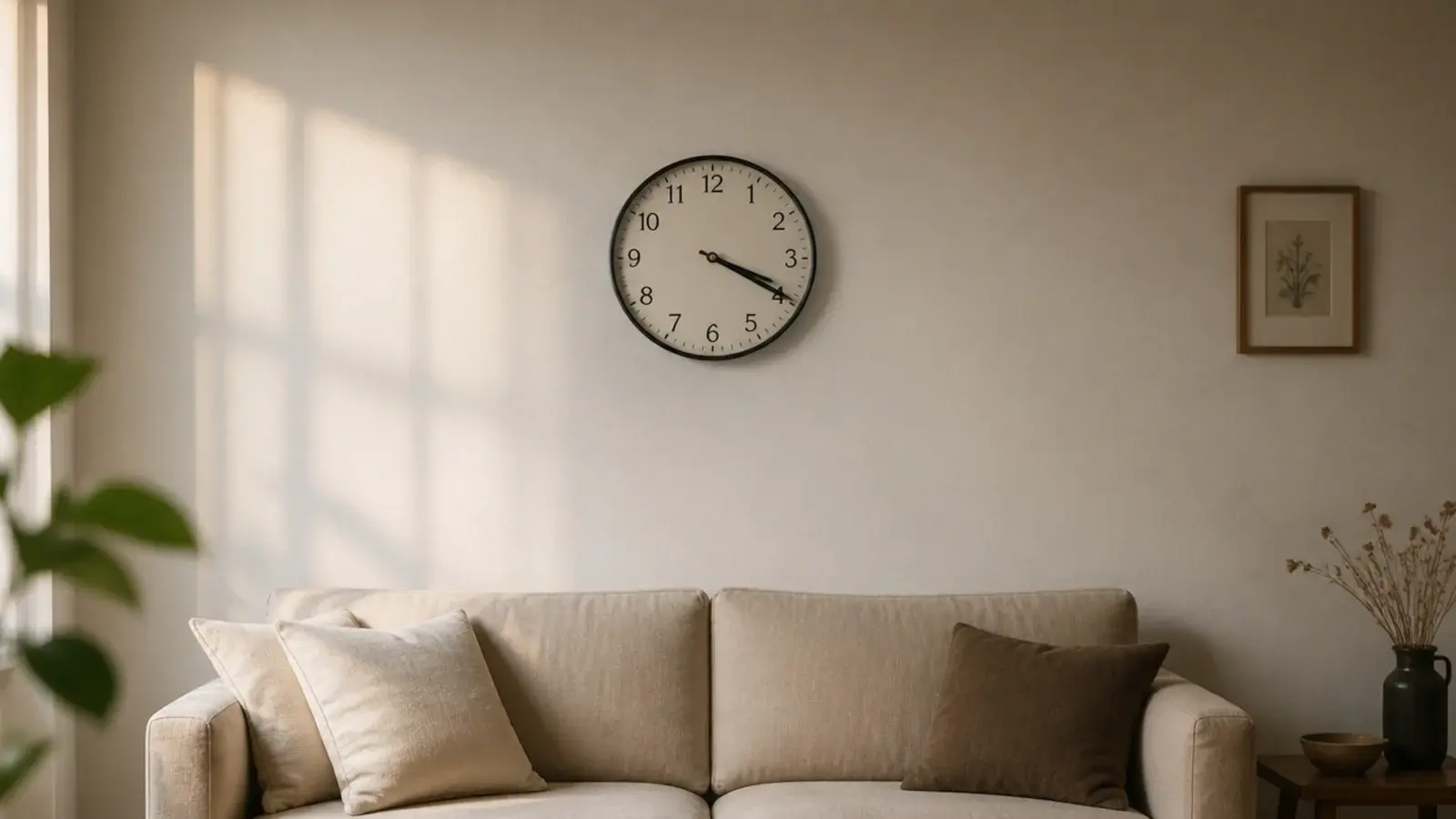 calm sofa wall holding only a clock and one small frame
