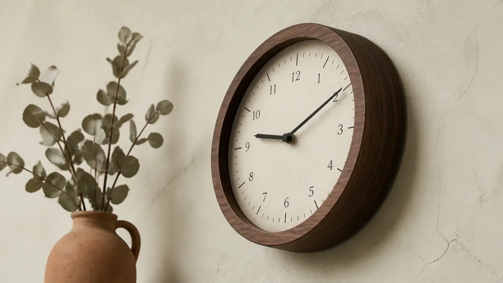 deep cased clock throwing a hard shadow line across textured plaster