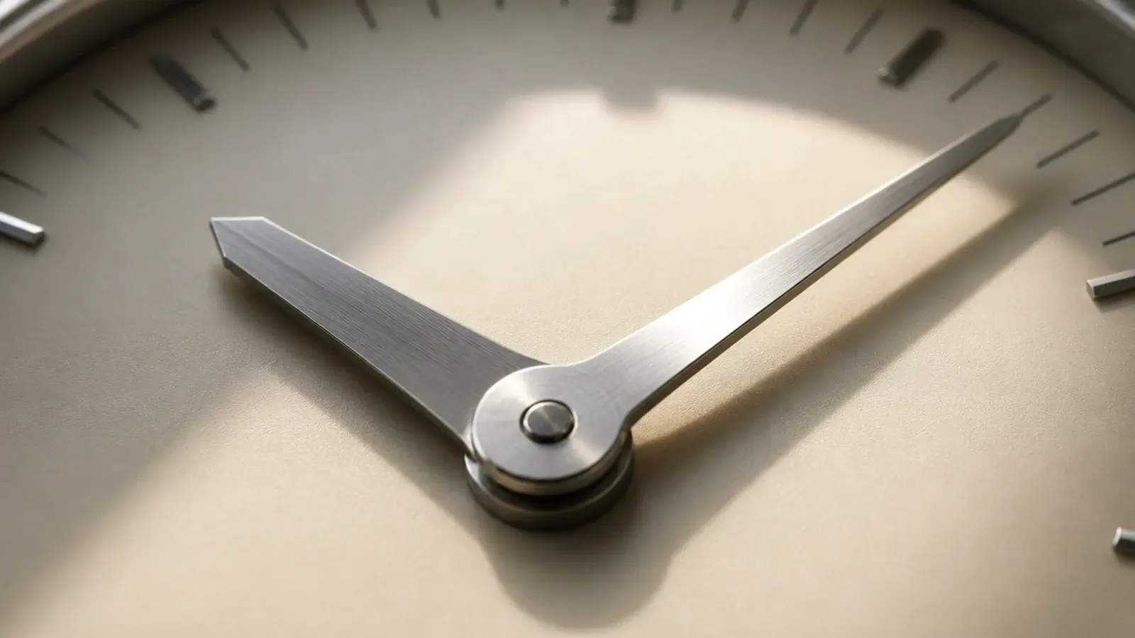 brushed steel clock hands with crisp machined edges on a pale dial