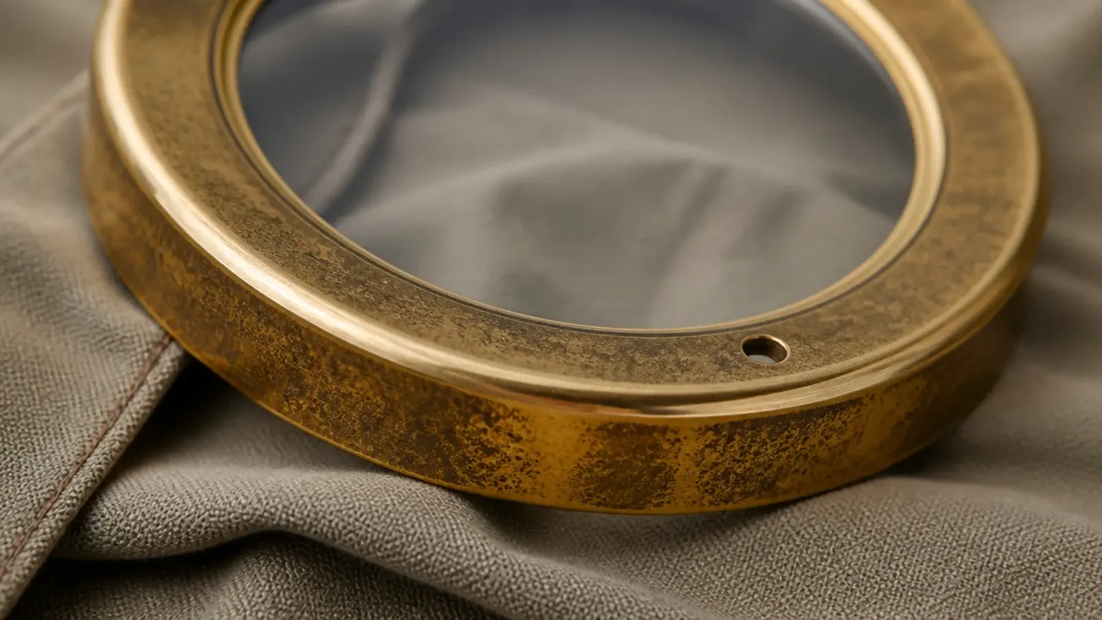 solid brass clock rim showing uneven natural patina at the edge