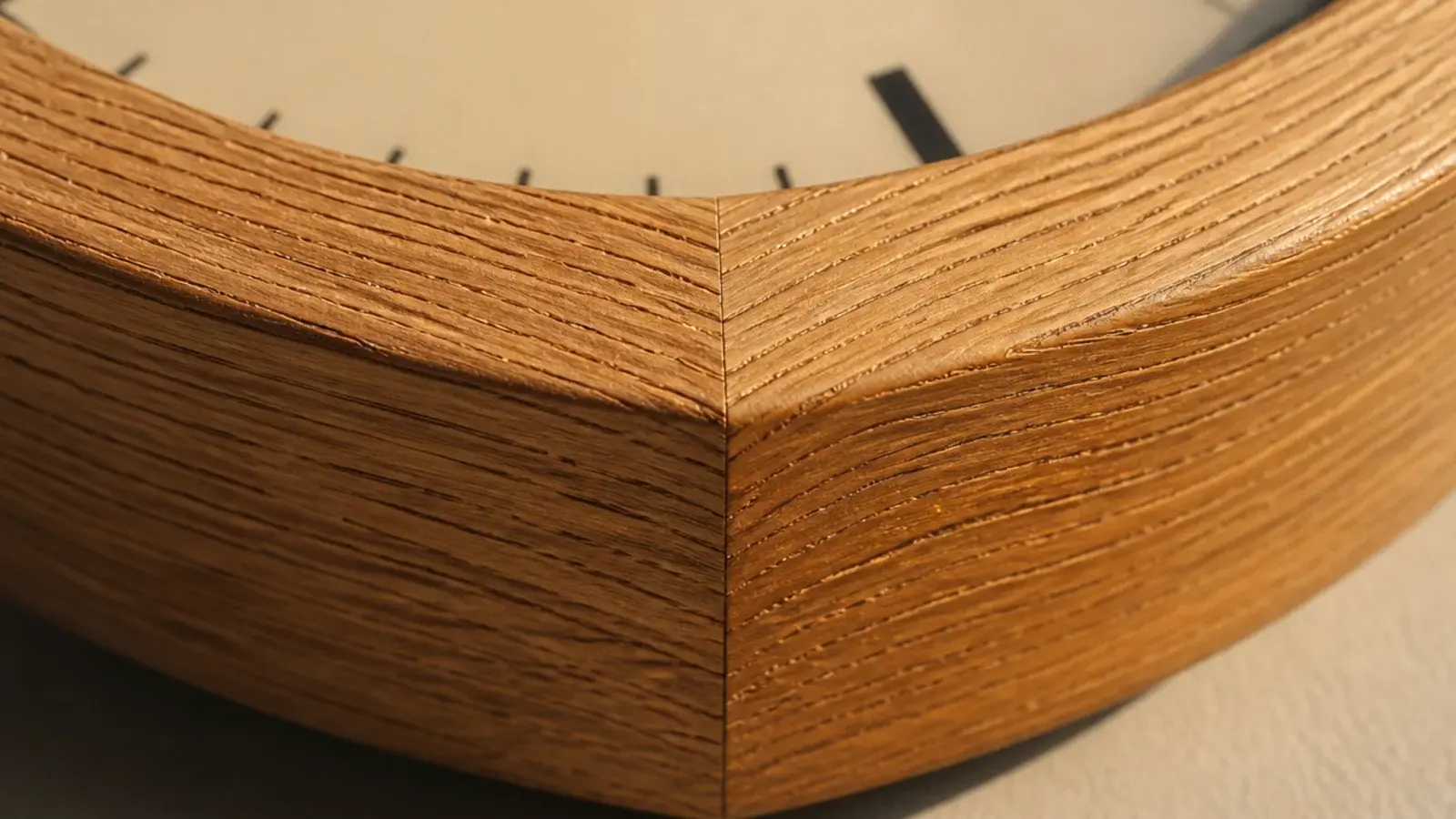 mitred oak clock rim showing continuous grain around a corner