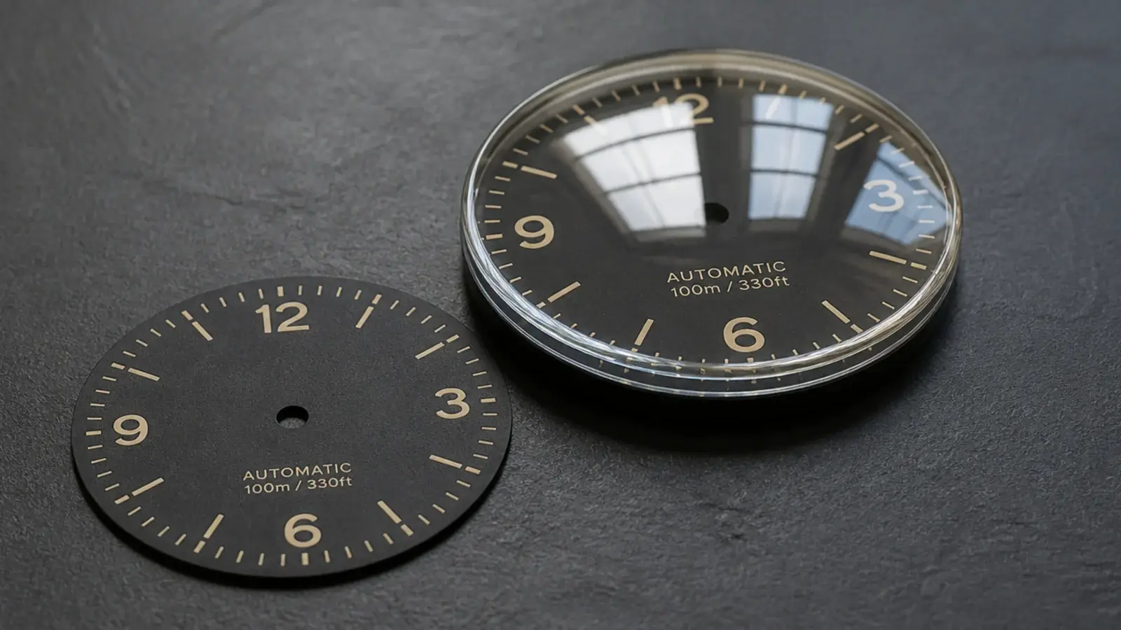convex glass clock lens gathering a bright window reflection