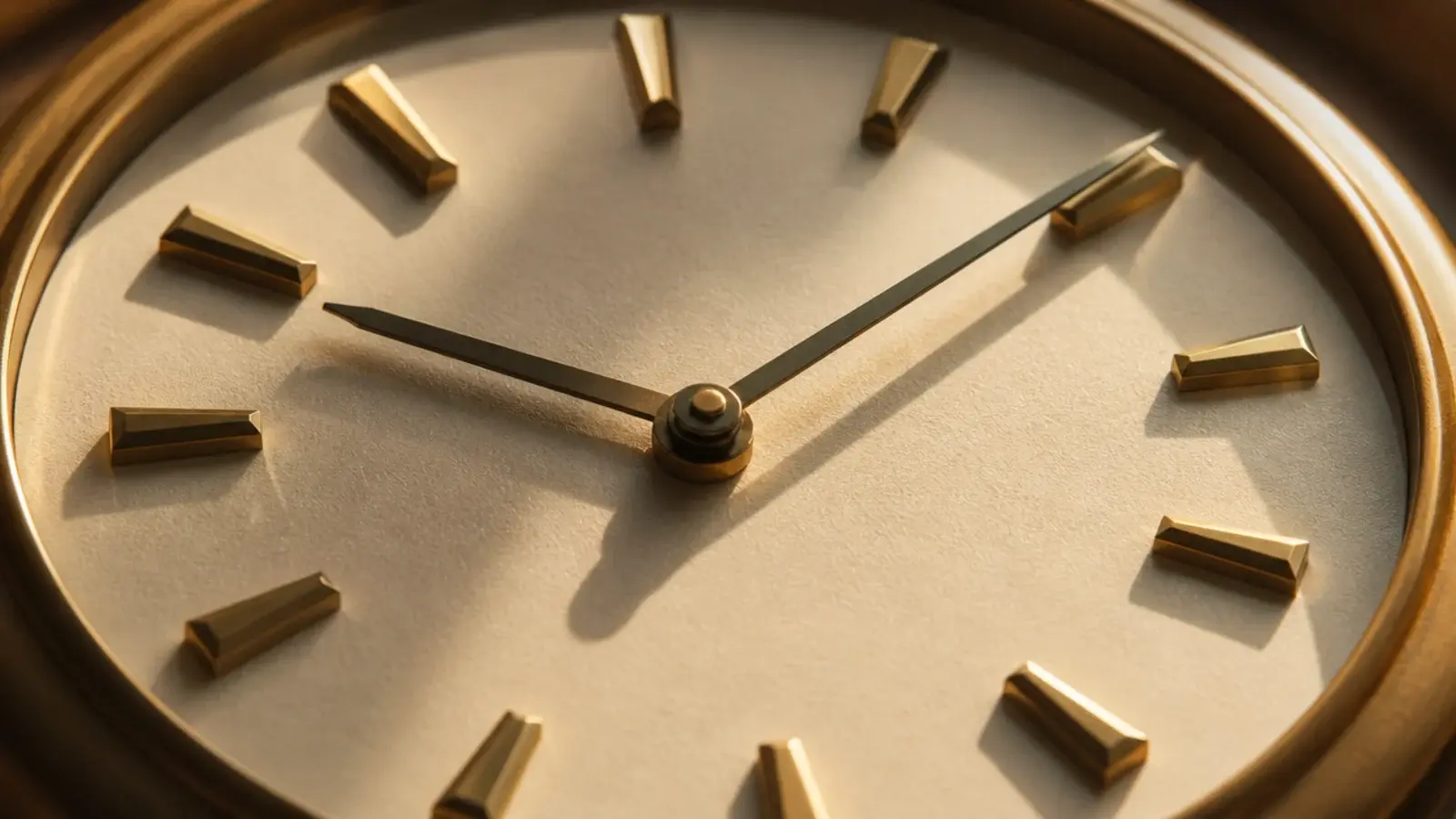 raised metal markers casting tiny shadows across a cream dial