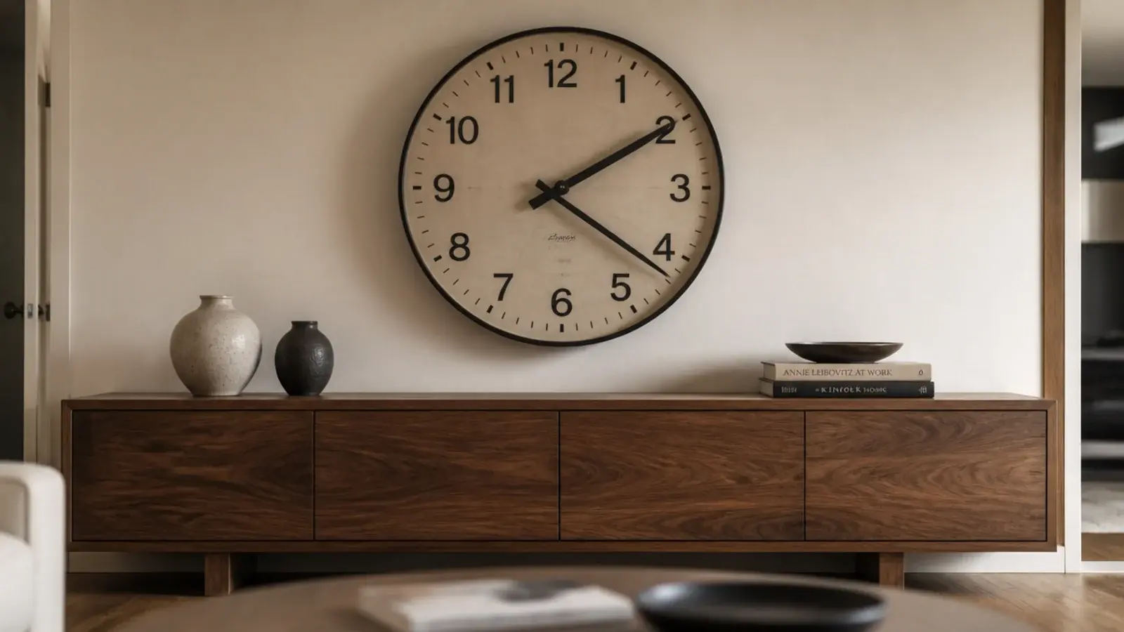 generously sized clock filling the wall above a long sideboard