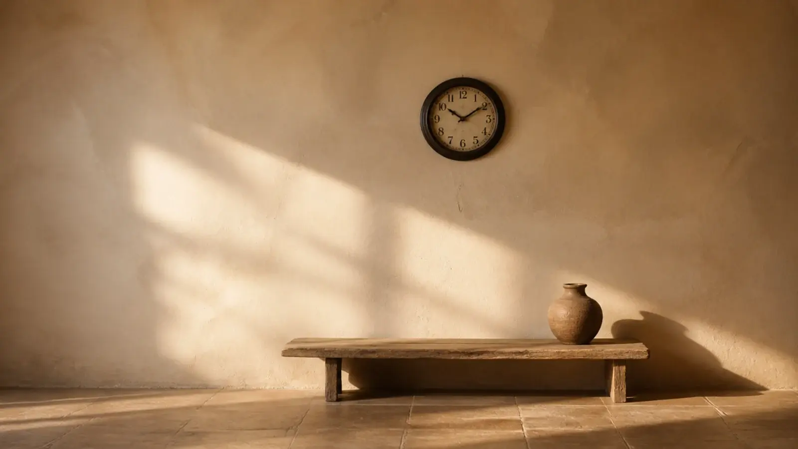 single clock alone on a wide expanse of bare plaster wall