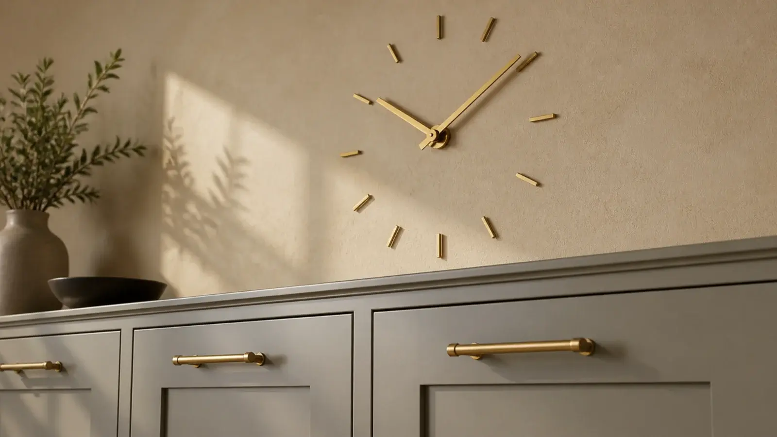 brass clock hands echoing brass handles on nearby cabinetry