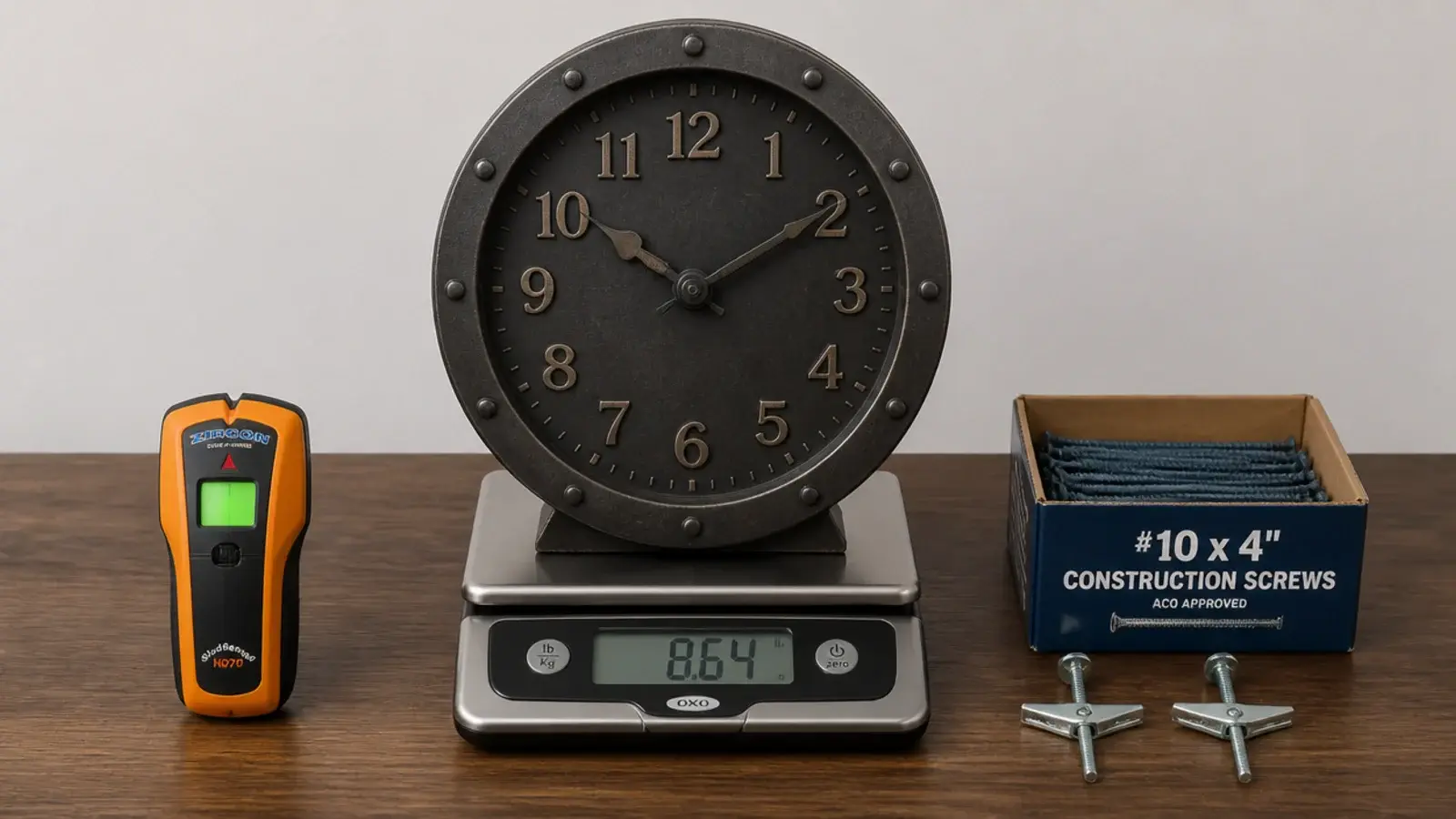 heavy clock resting on a scale showing a substantial reading