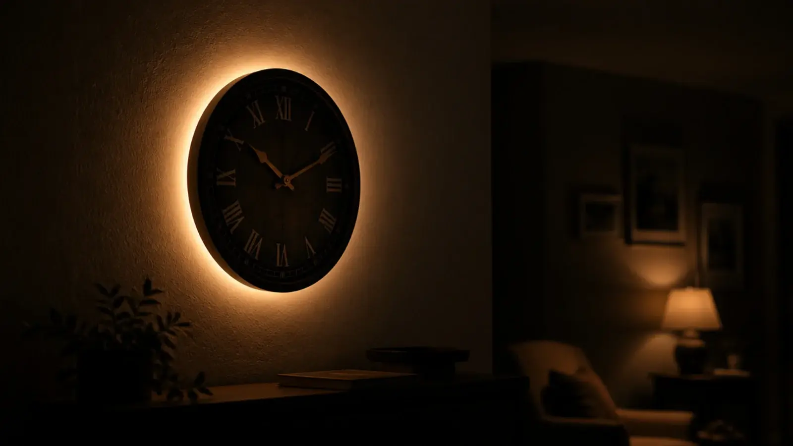 clock rim lit softly from behind throwing a halo onto plaster