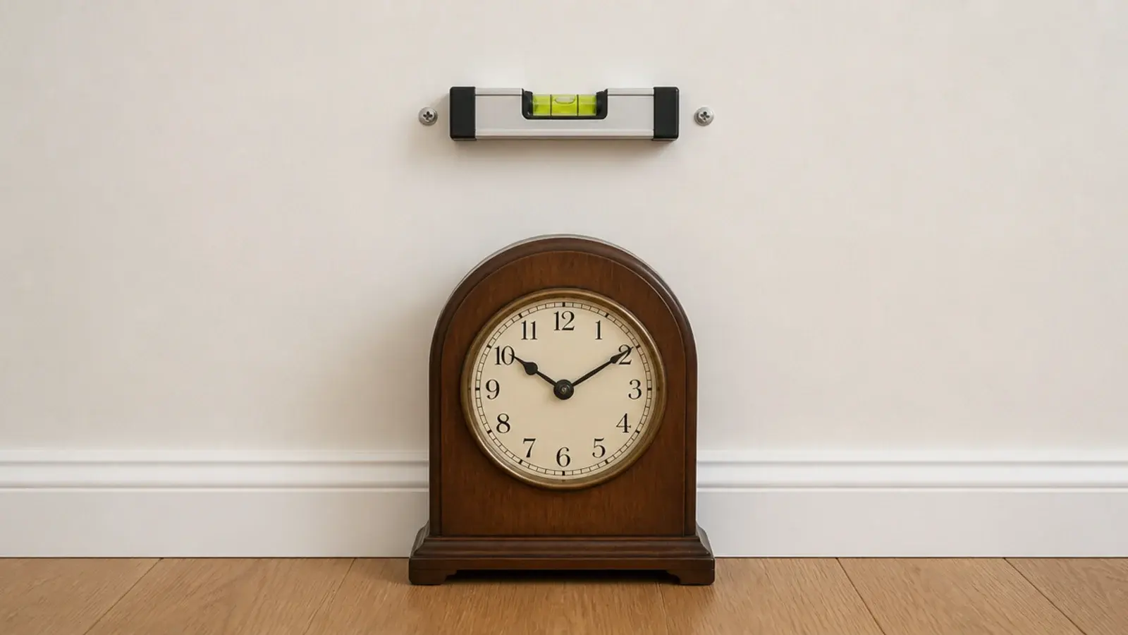 spirit level bridging two screws with the bubble dead centre
