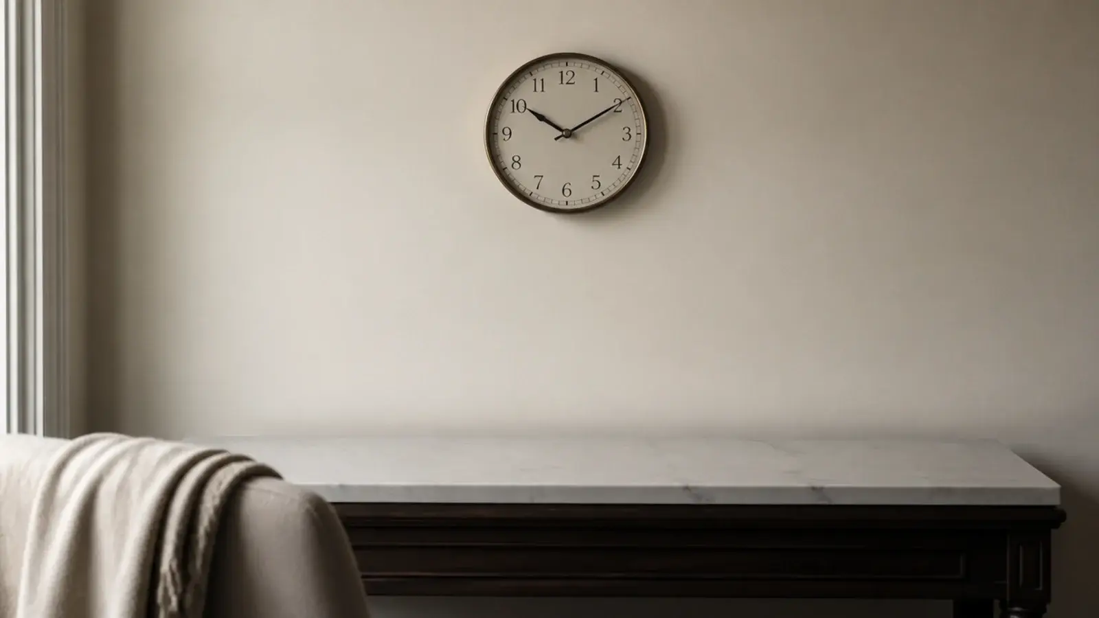 bare plaster wall holding only a clock above an empty console