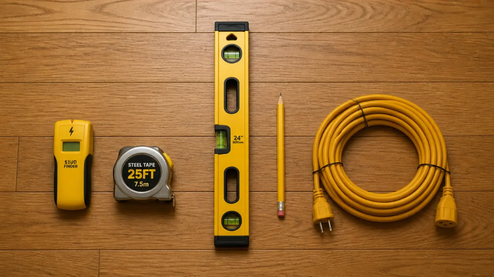 stud finder tape measure and level laid out on a bare floor
