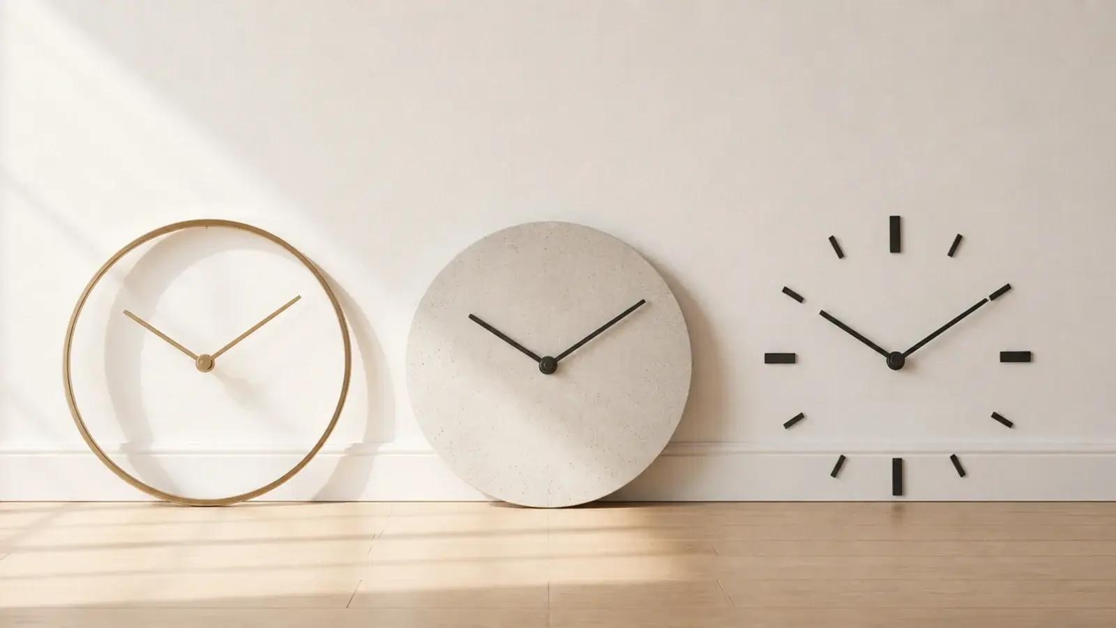 three modern clock outlines compared against a bare plaster wall