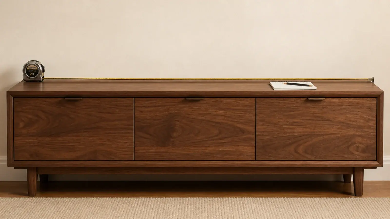 tape measure stretched along the top rail of a low sideboard