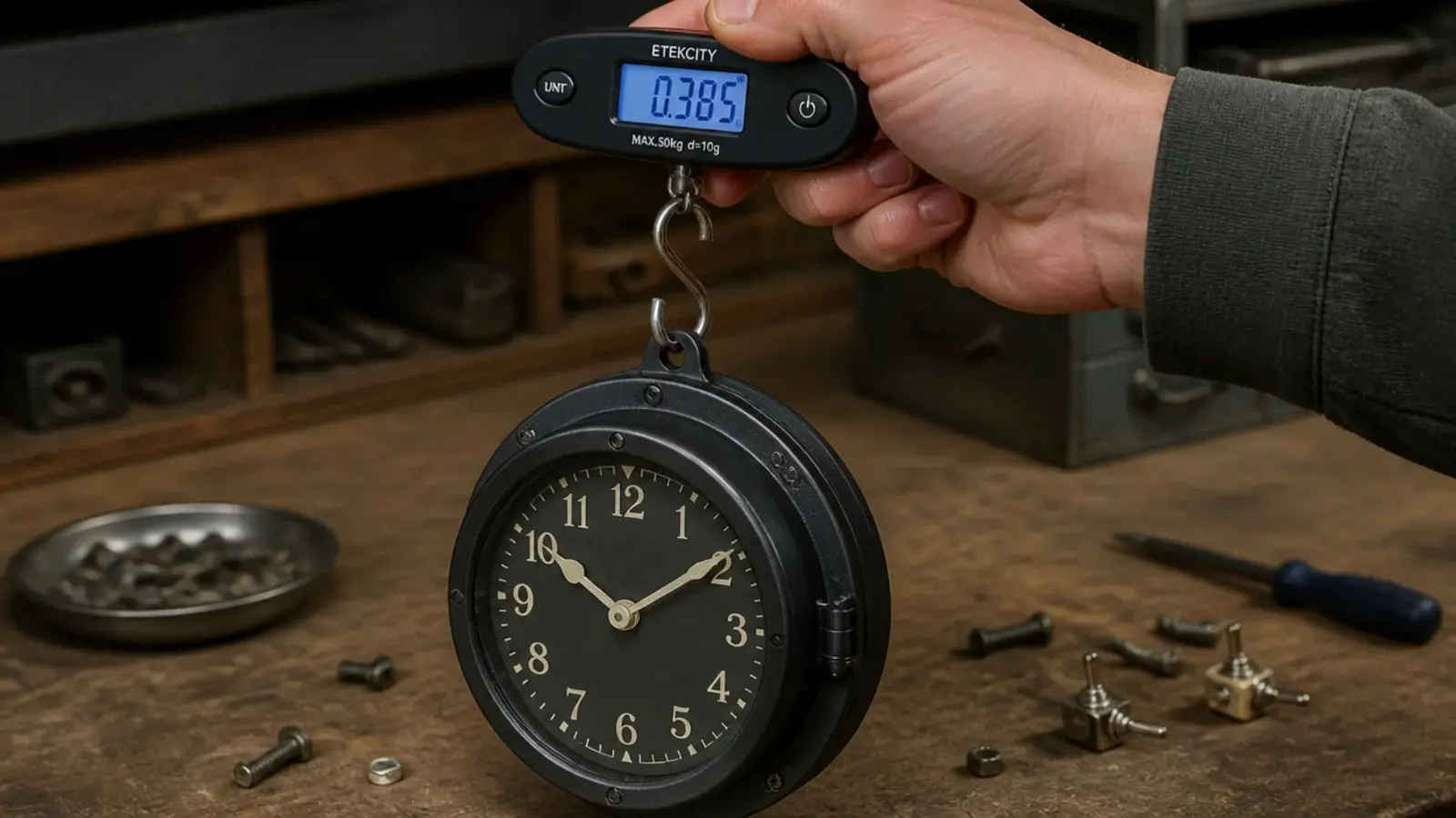 clock hanging from a small luggage scale before installation