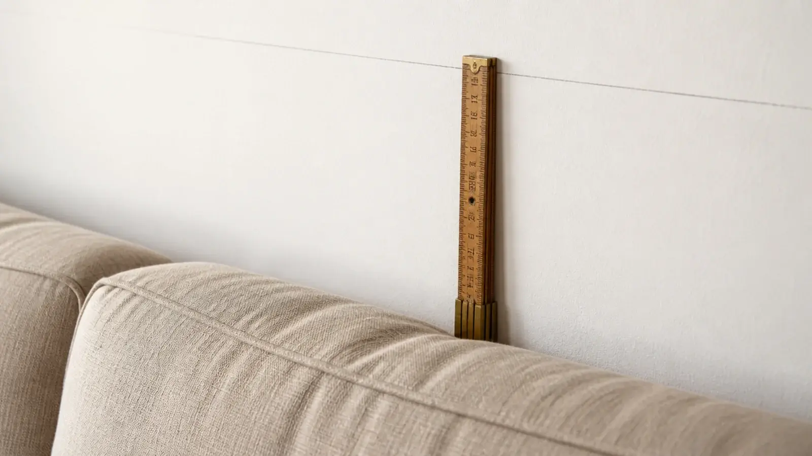 folding rule held in the gap between sofa back and marked line