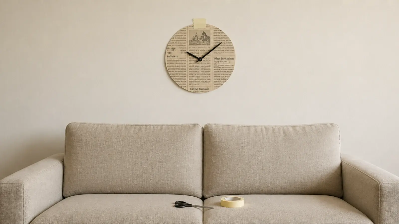 newspaper circle taped to the wall in place of the clock