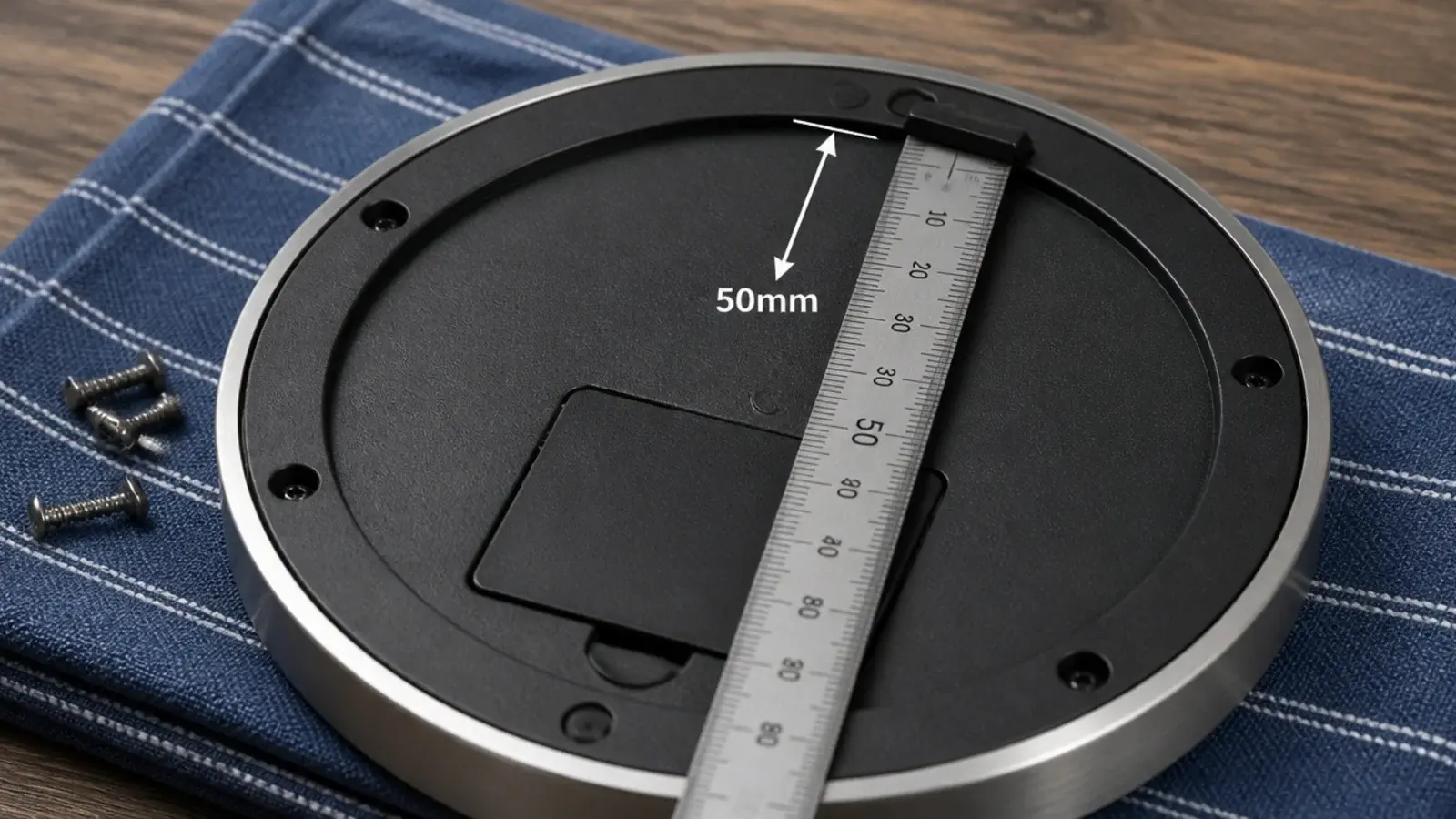 ruler measuring the drop from clock rim to its keyhole slot