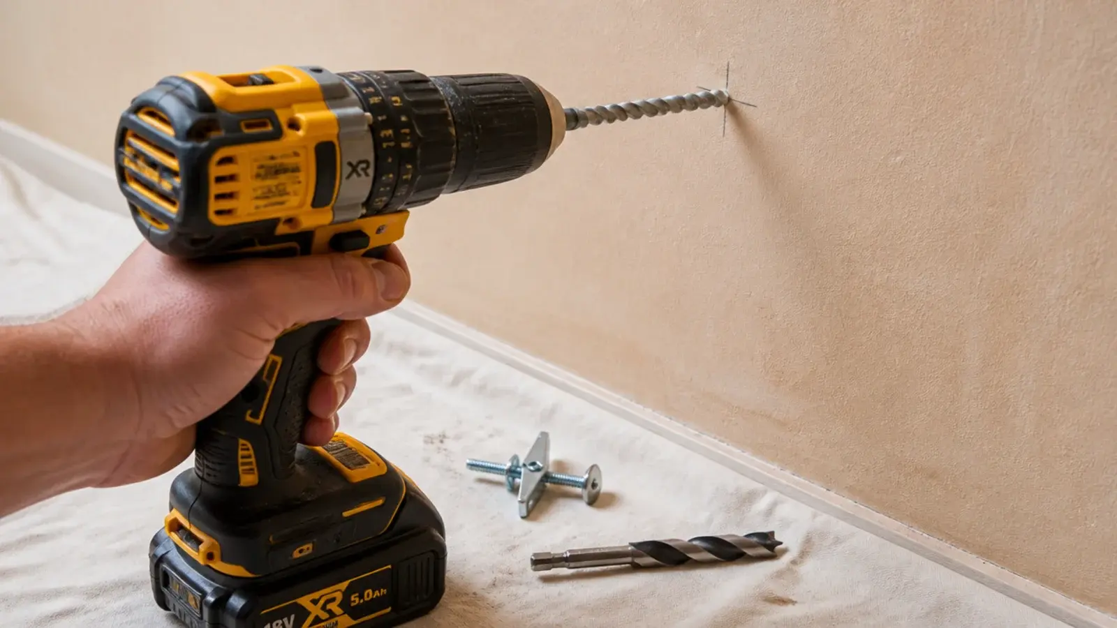 drill bit poised against a marked cross on a plaster wall
