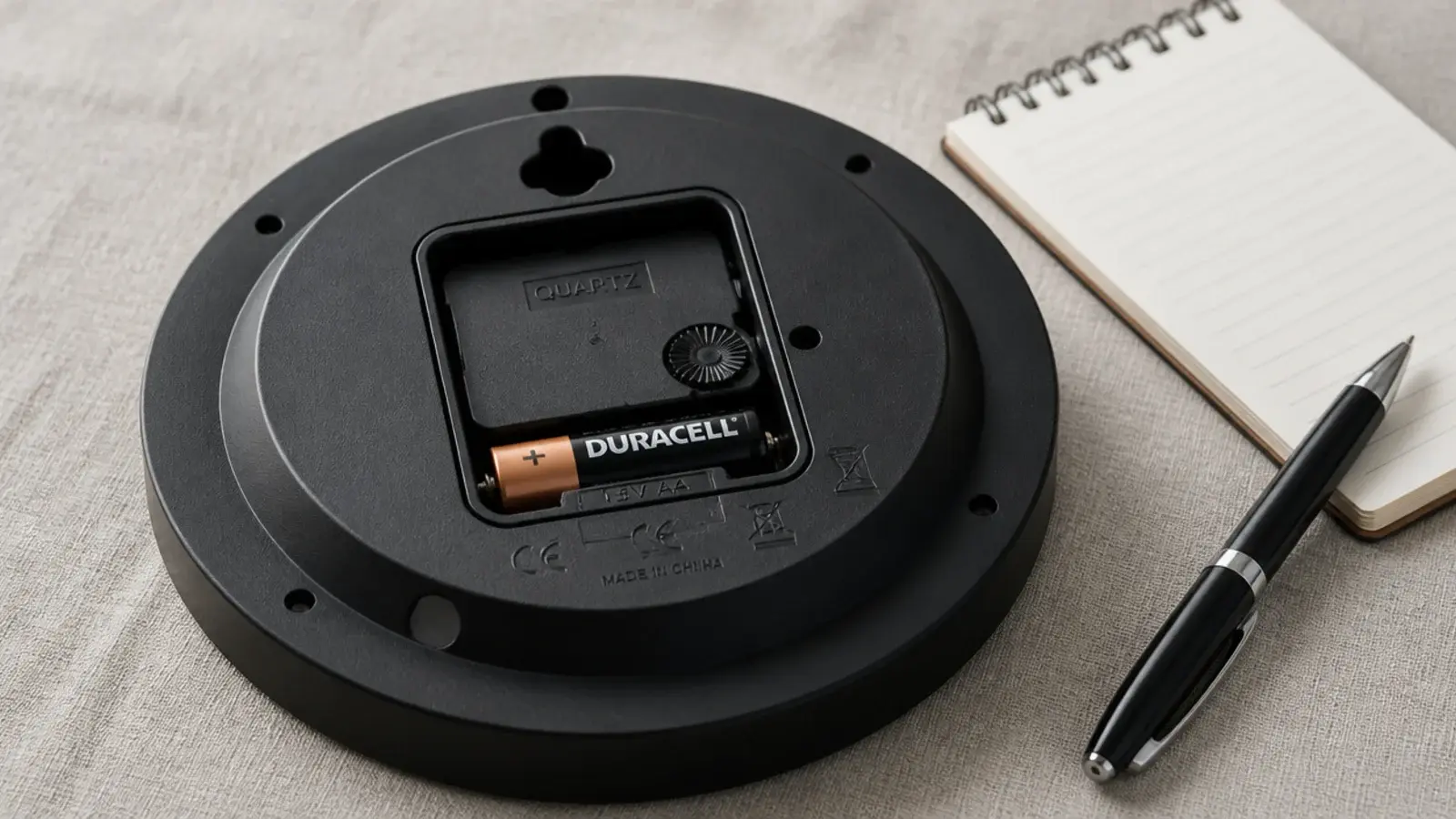 fresh battery being seated in the housing on a clock back