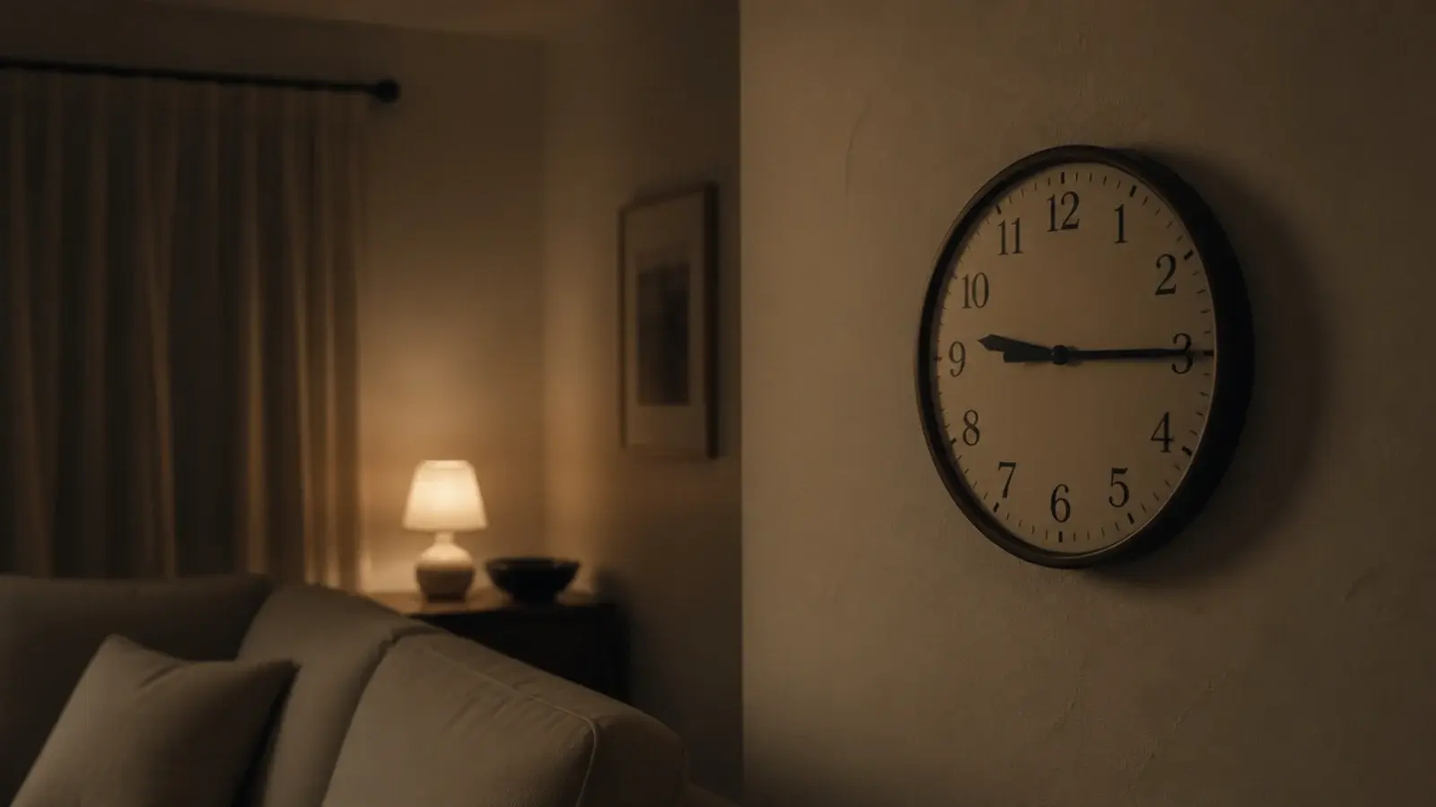clock held against the wall in a quiet unlit evening room