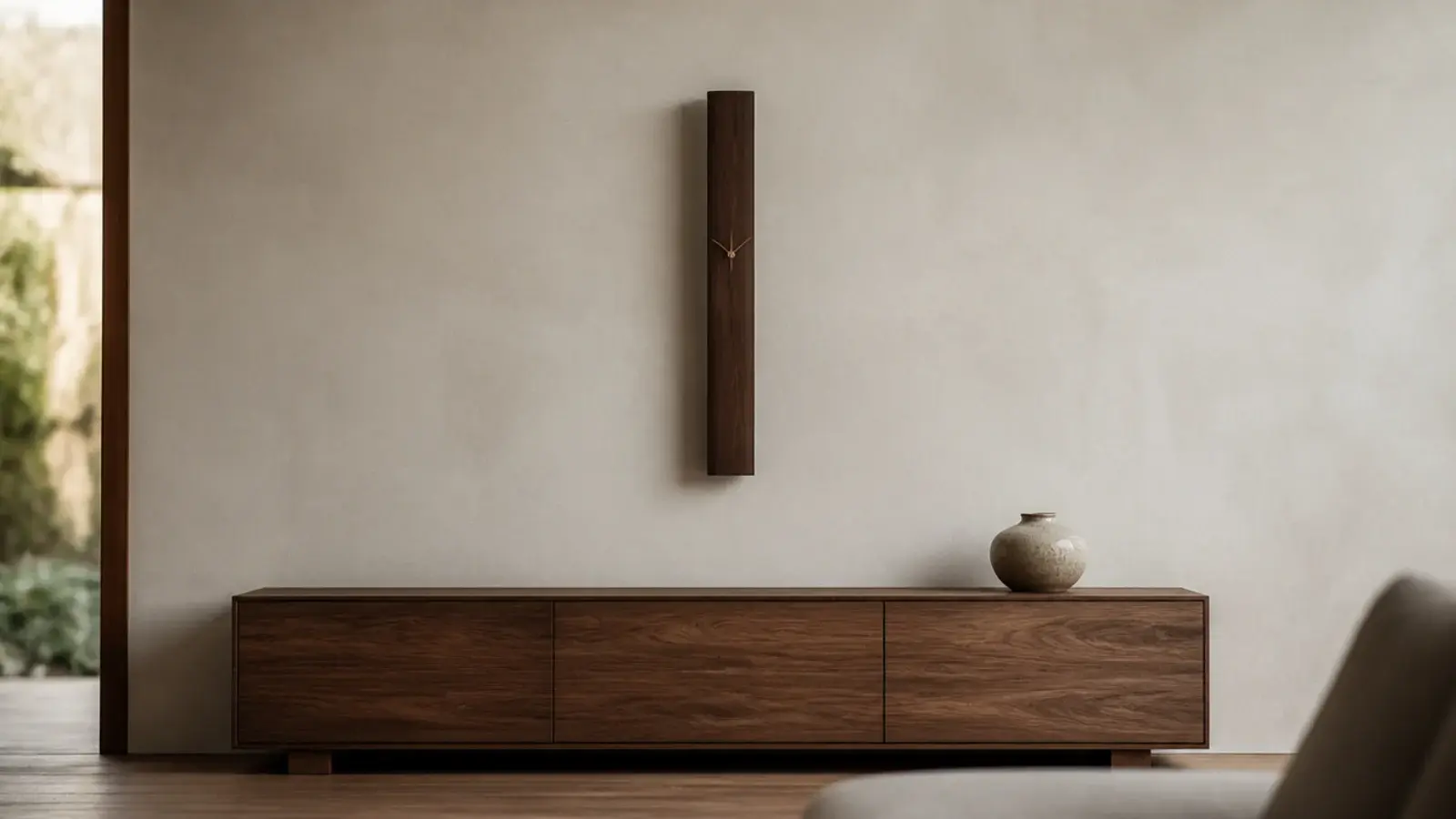 clean plaster wall holding only a clock above a low sideboard