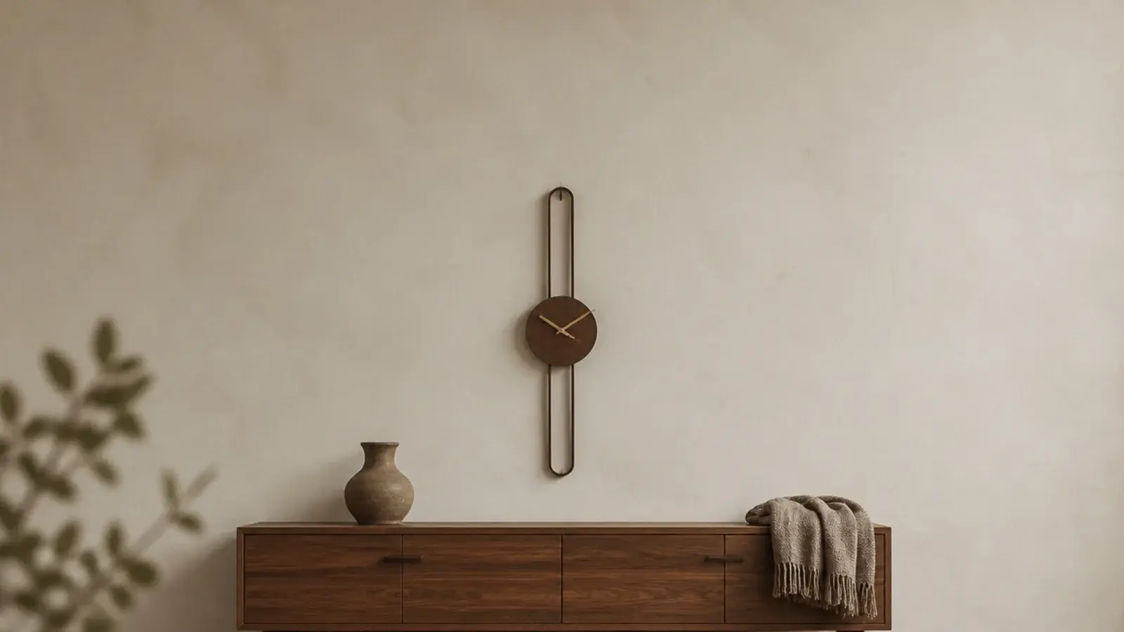 tall view of a modern wall clock hung level above a sideboard