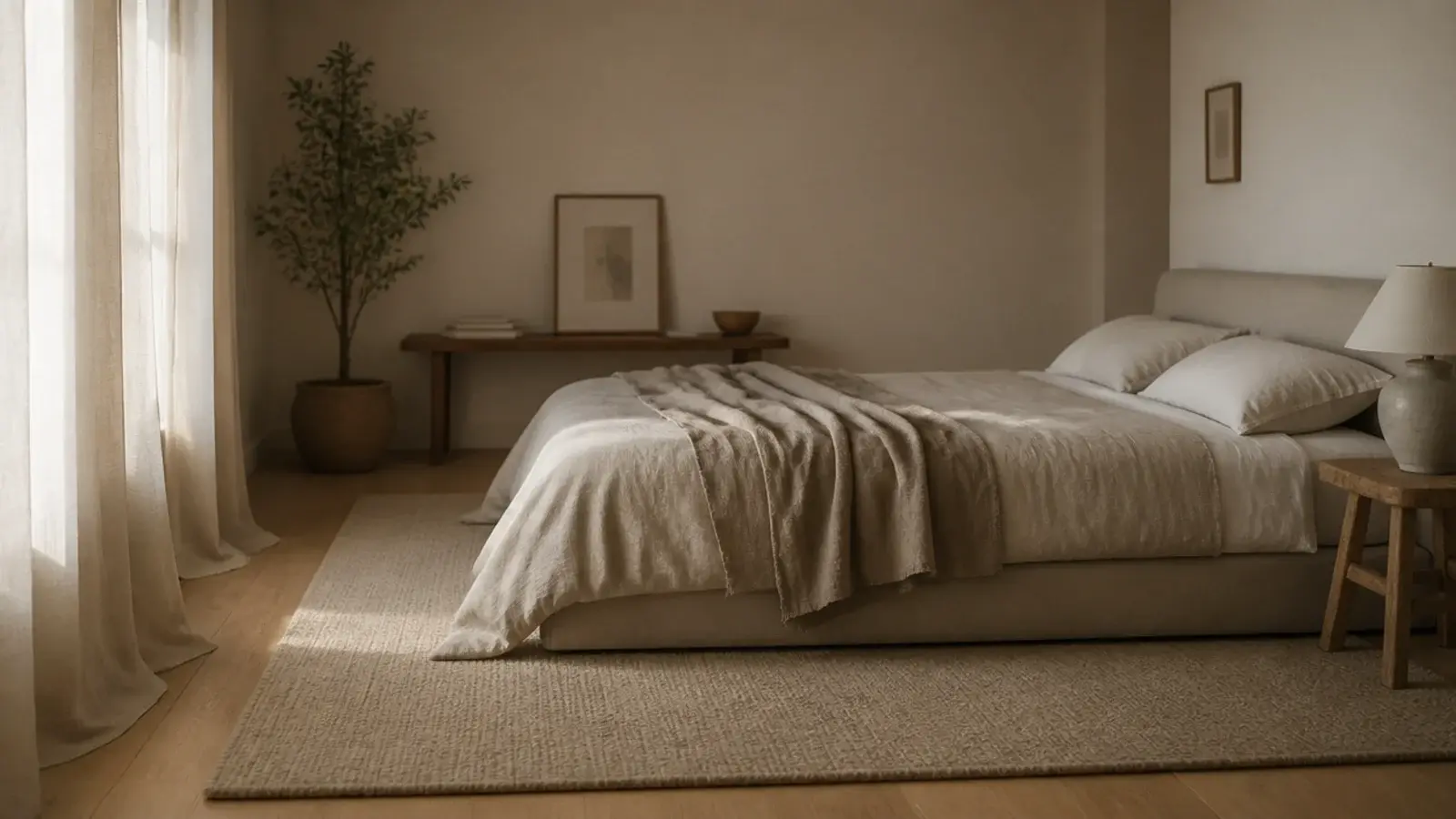 calm bedroom with wooden flooring and a low linen dressed platform bed