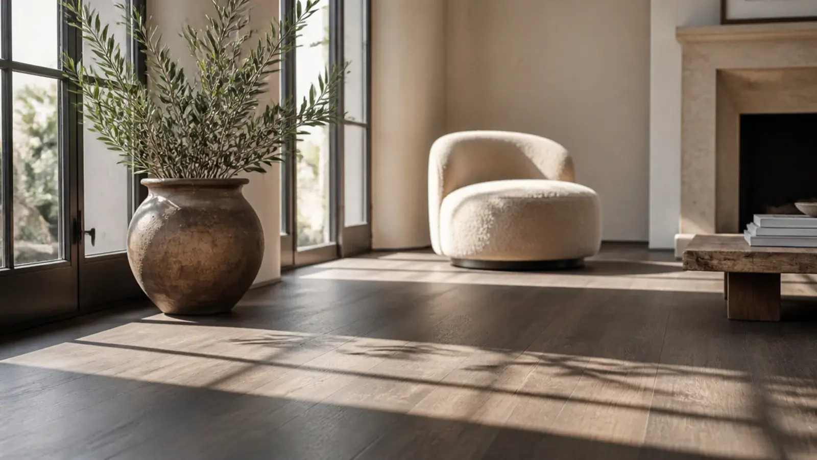 fumed grey brown oak boards in a sunny sitting room with tall windows
