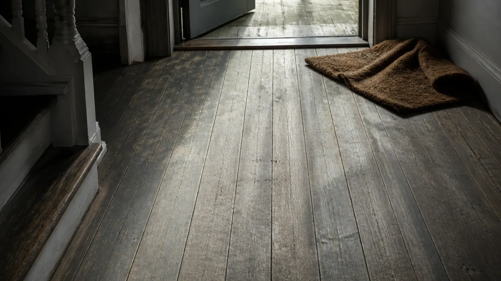 grey stained pine floor showing pale wear lanes near a doorway