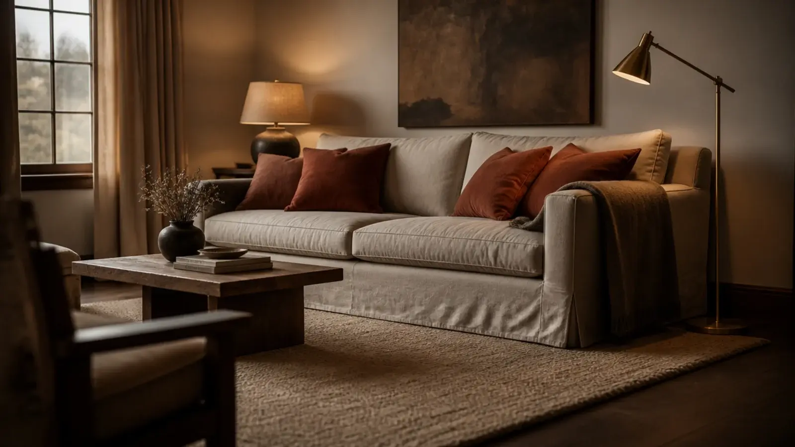 smoked grey oak floor softened by a large oatmeal wool rug