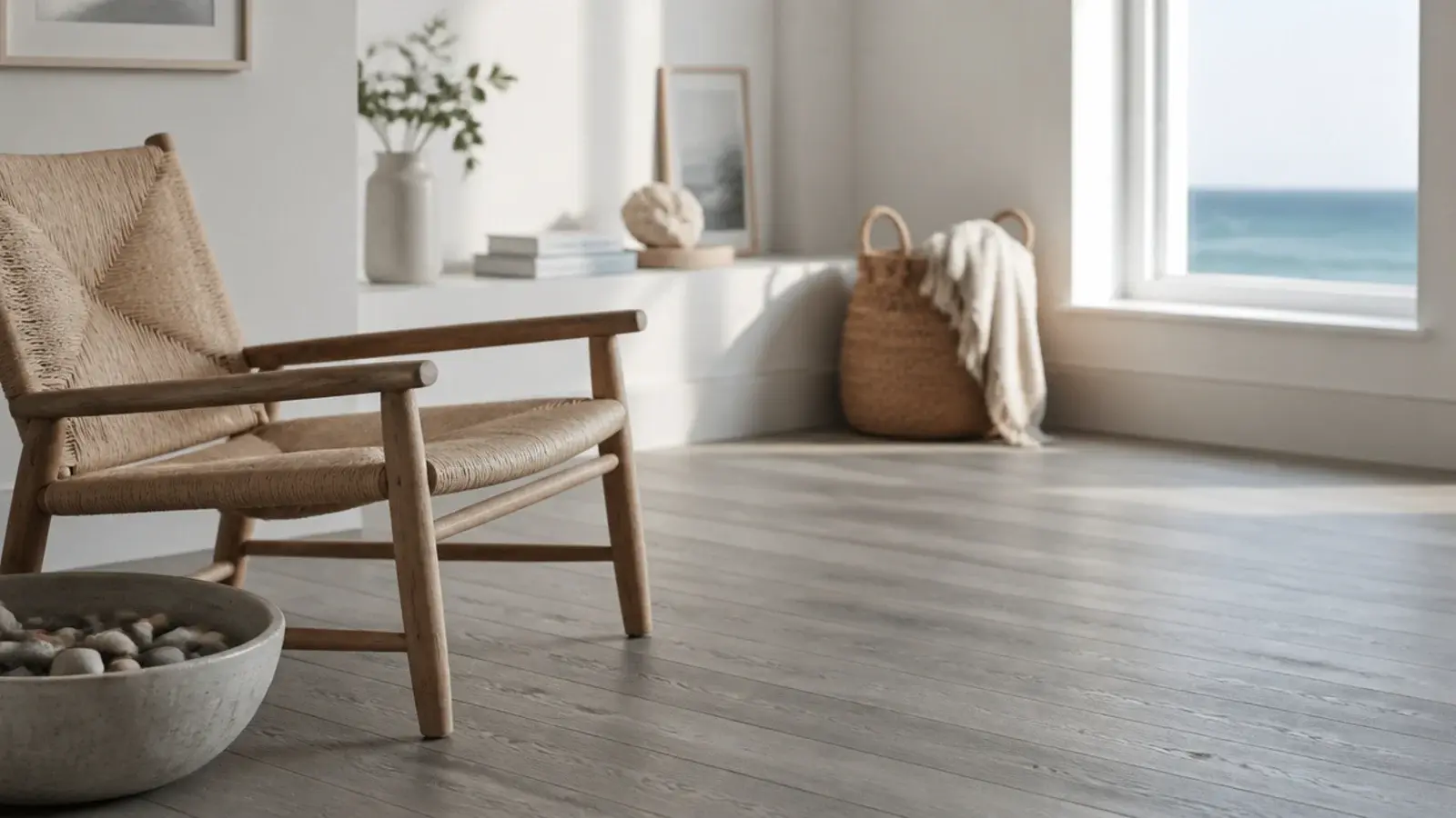 driftwood grey engineered planks in a whitewashed coastal room