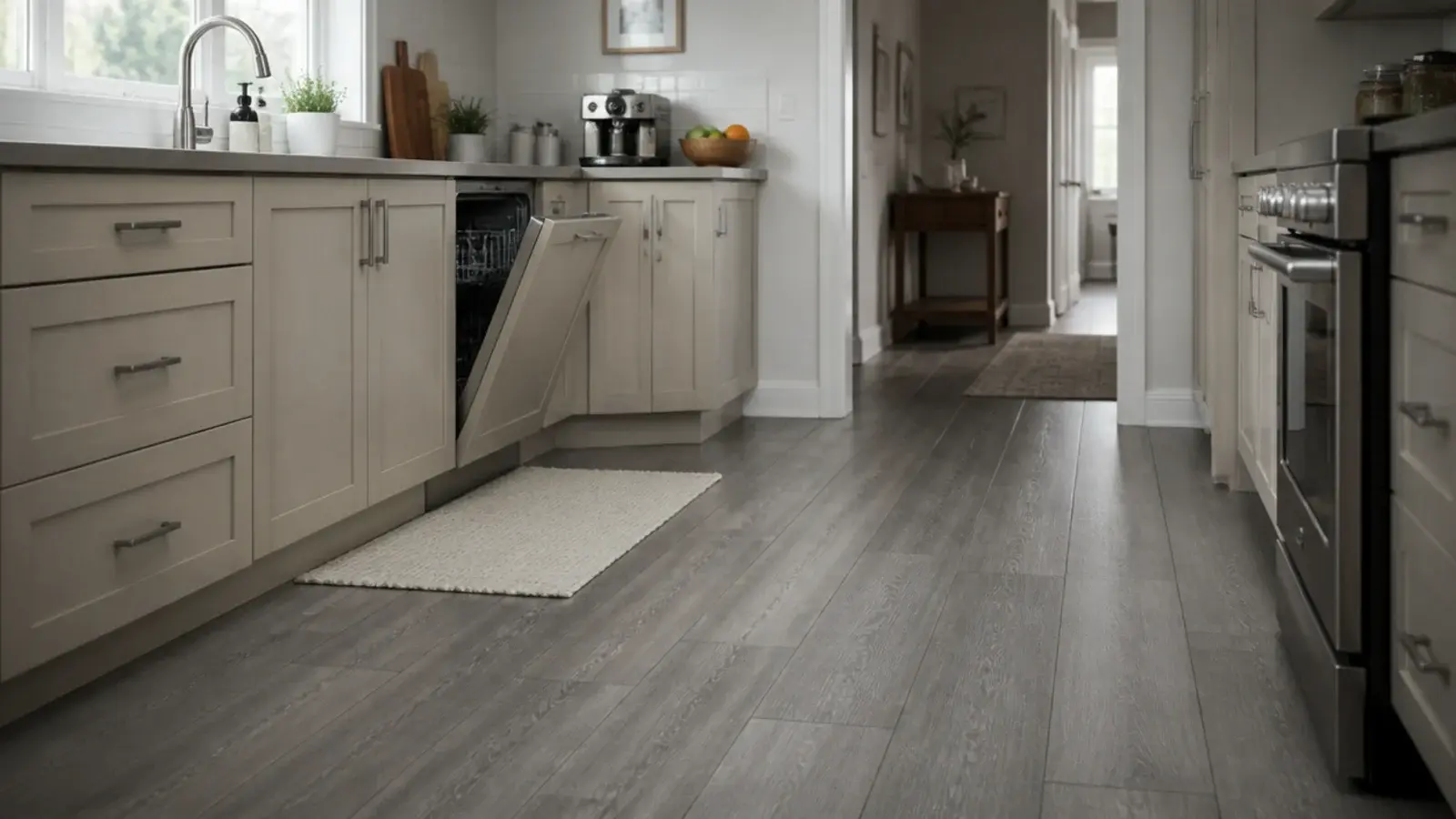 cool grey vinyl planks in a working kitchen beside pale cabinets