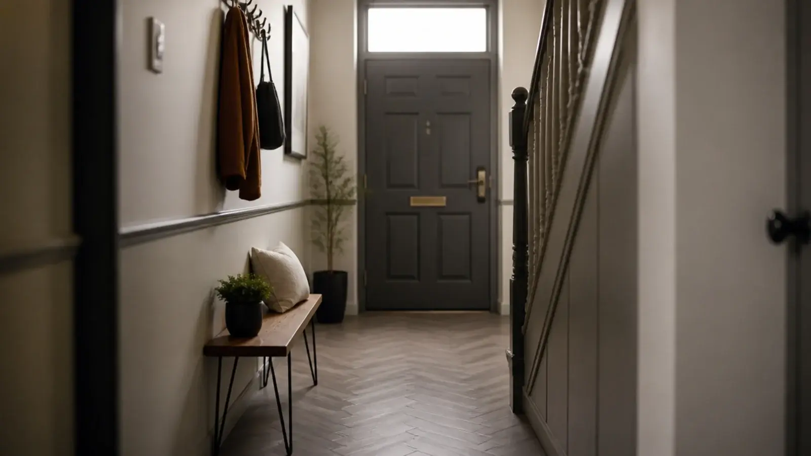 small grey herringbone blocks filling a narrow two metre hallway