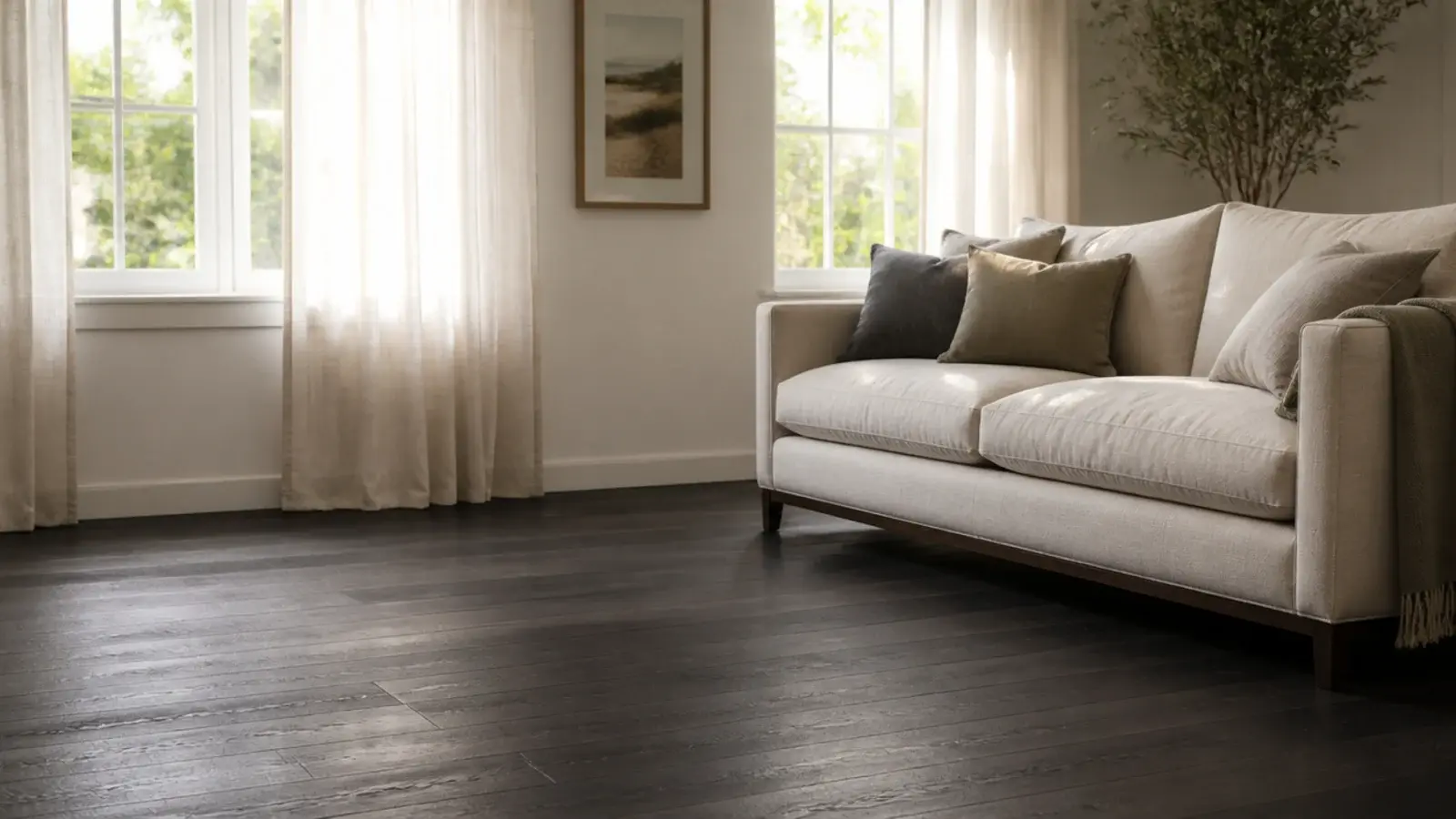 charcoal floorboards in a corner room lit from two directions