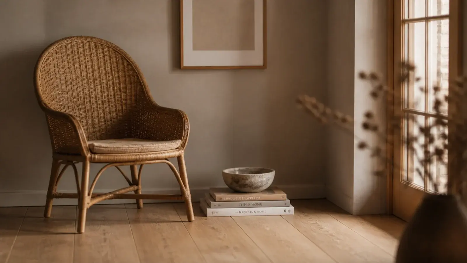 warm greige oak boards under soft clay walls in a calm room