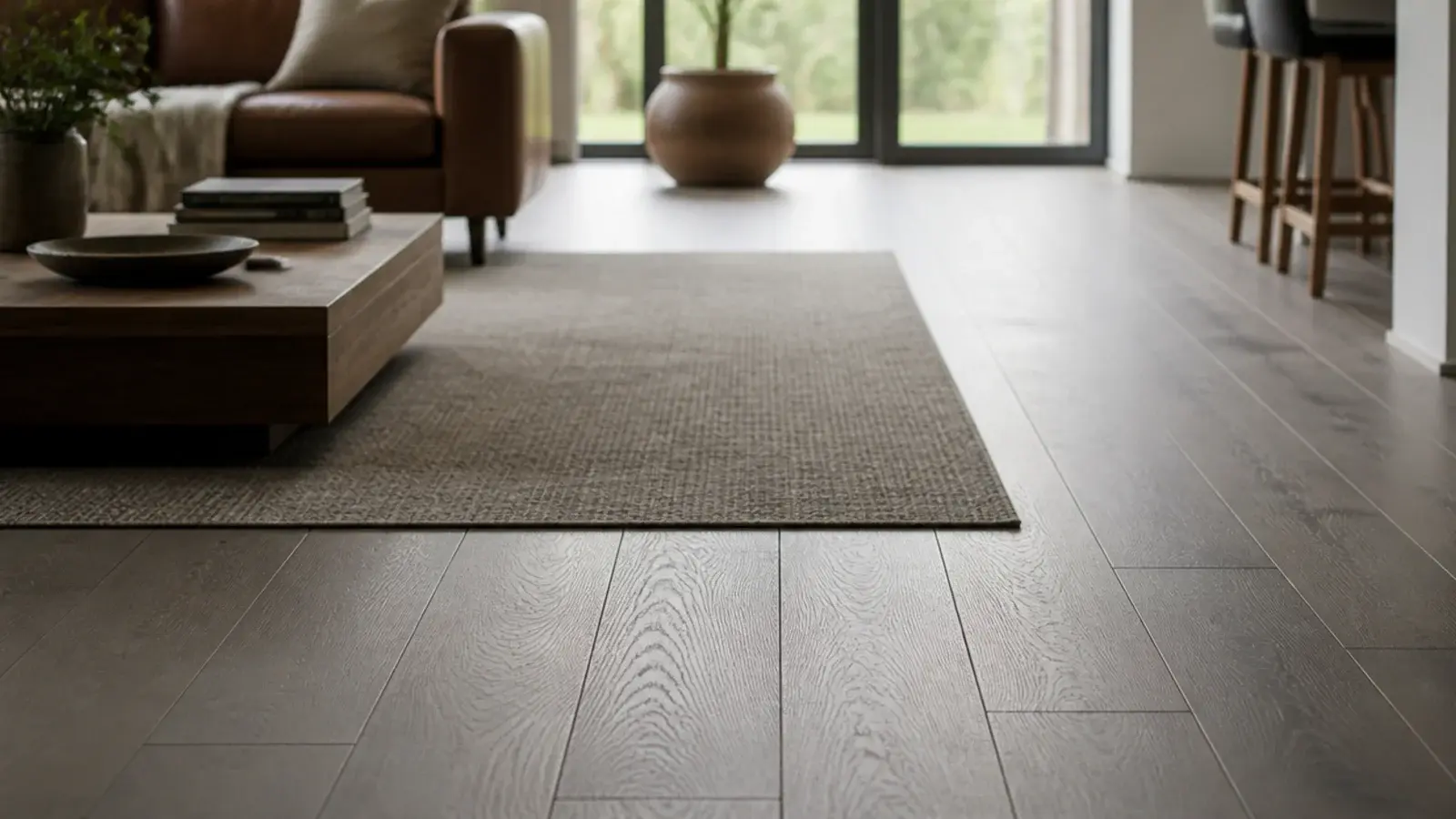 grey engineered planks laid above a heated screed in an open room
