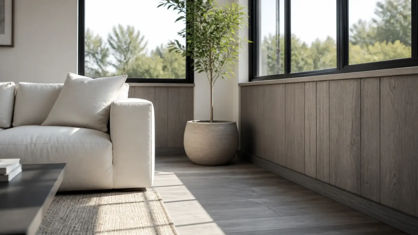 grey boards below slim black framed windows in a bright room