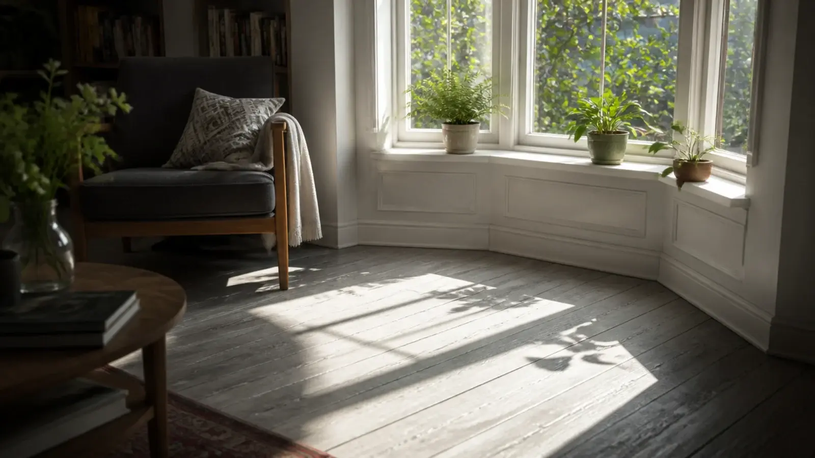 grey floorboards visibly lighter in a sunlit strip near a bay window