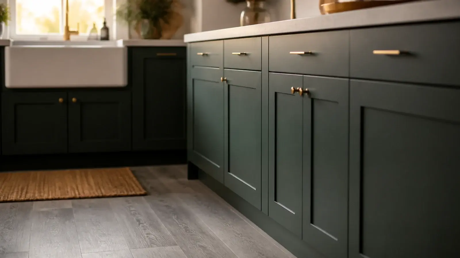 grey oak floor meeting deep green kitchen cabinets and a brass handle