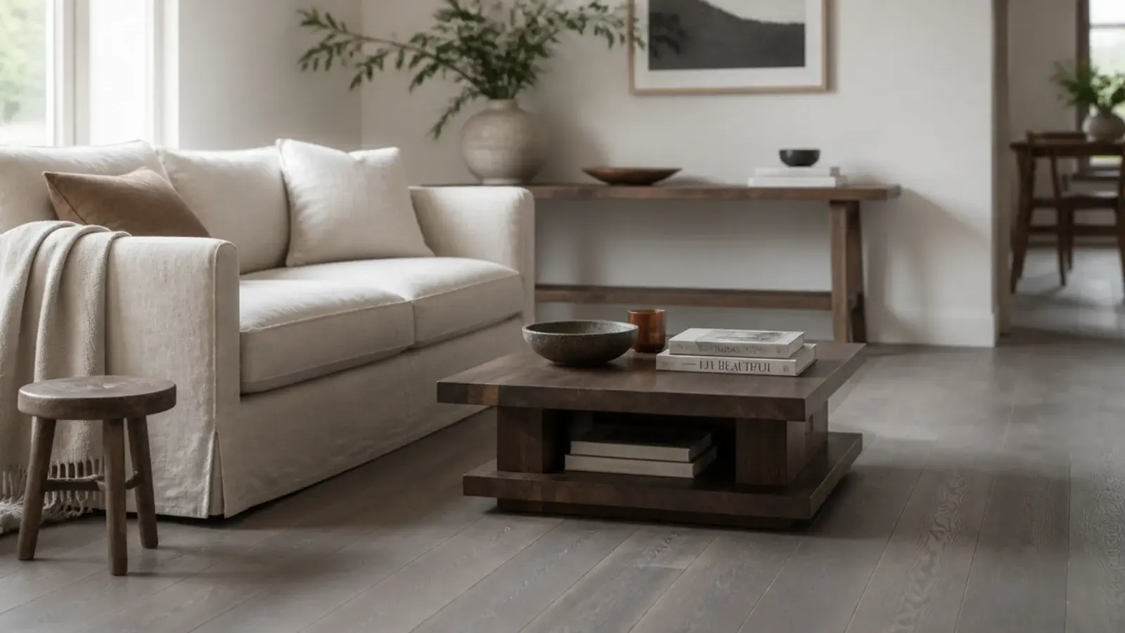 grey wooden flooring running through a bright living room with pale walls