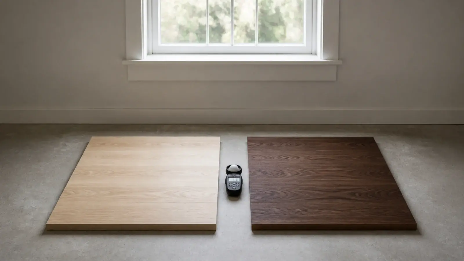 pale and dark timber samples compared side by side under one window