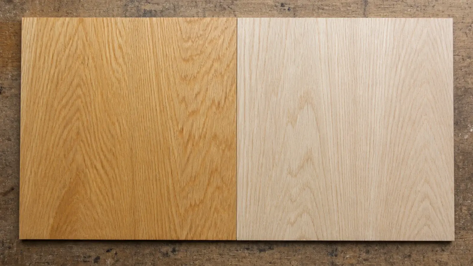 two pale oak boards showing yellowed lacquer against a clear finish