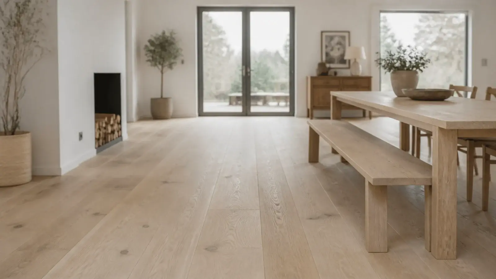 very wide pale oak planks stretching across a generous open room