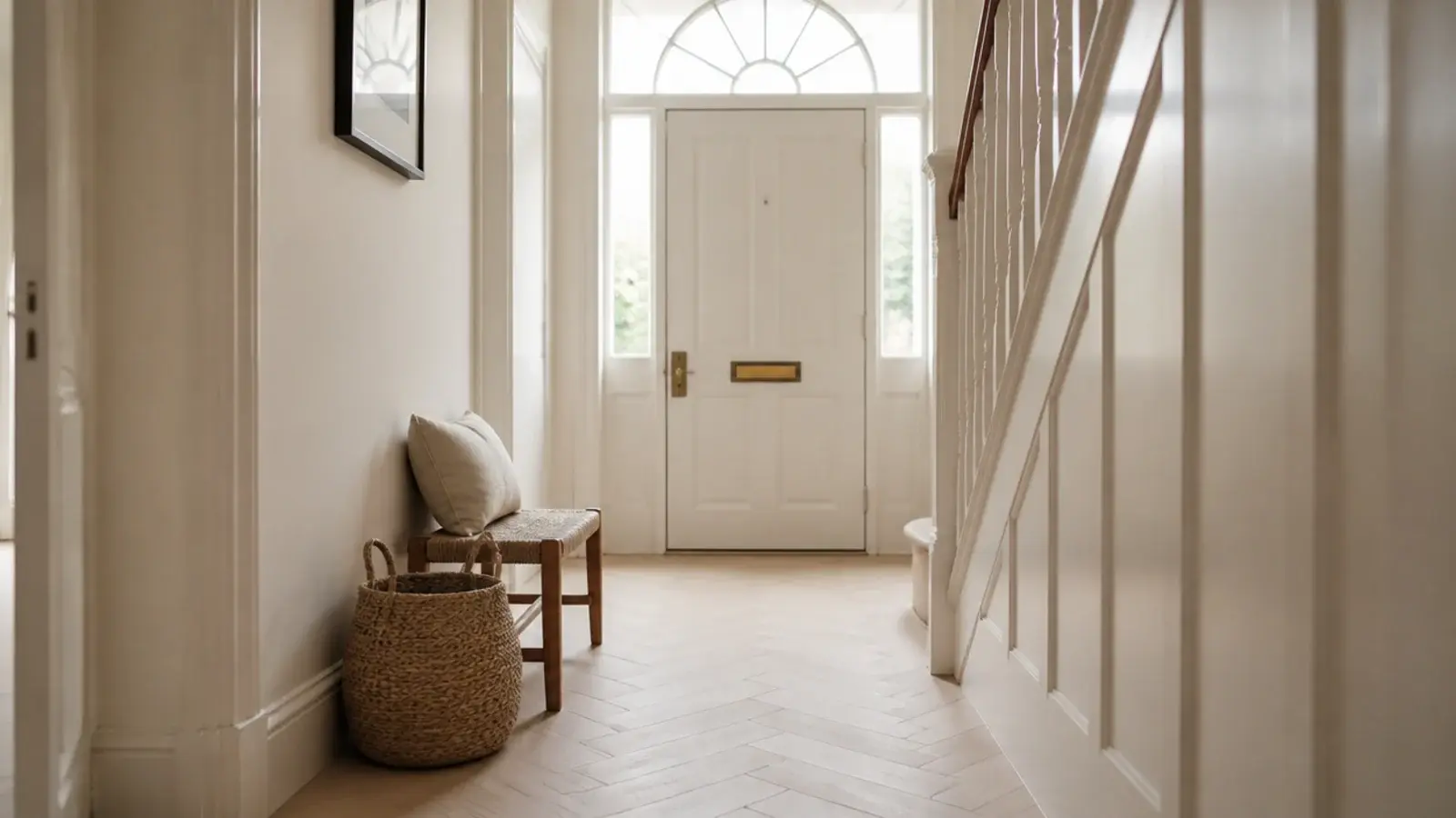 pale oak herringbone blocks filling a small bright entrance hall
