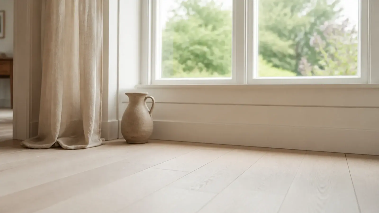 matte pale boards under a large window with no reflected hotspot